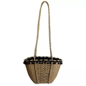 Straw Shoulder Bag with Pompom